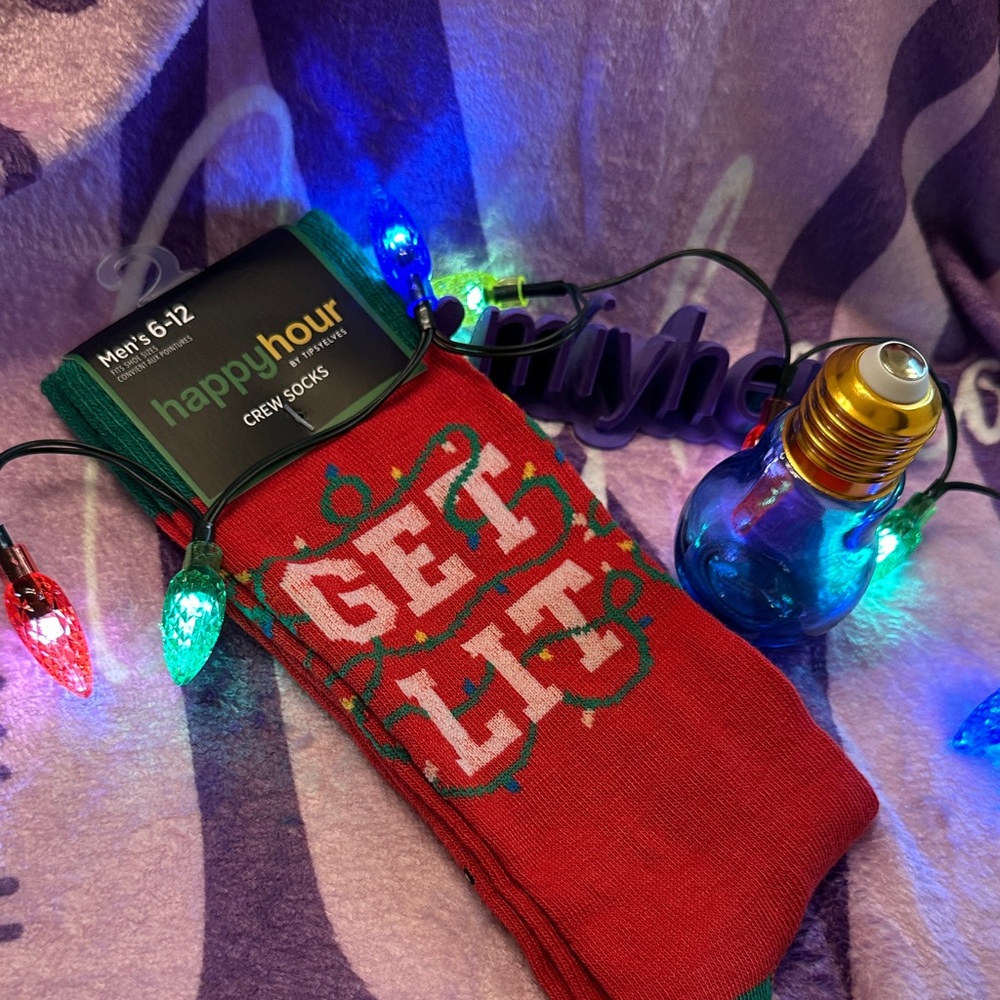 Tipsy Elves Get Lit! Socks with Blue Christmas Bulb shot glass